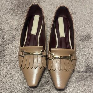 Franco Sarto Taupe Pointed Kiltie Loafers with Gold Bar